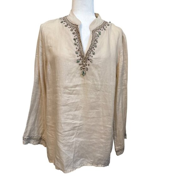 RAFAELLA Beige Embroidered Beaded Blouse100% Linen V-Neck Tiny Flaw Size 14 - Picture 1 of 16